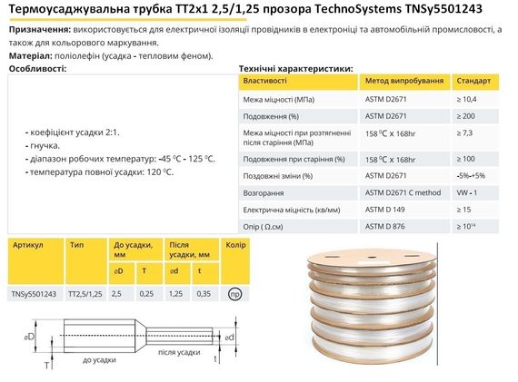 Термоусадочна трубка ТТ2х1 2.5/1.25 прозора в рулонах Ny95501243 | Зображення 1