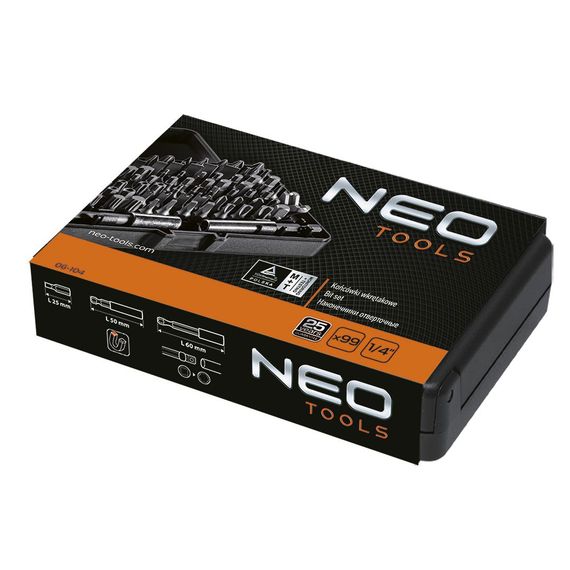 Біти Neo Tools , набір 99шт, 1/4', тримачі 2шт, перхідники 3шт, SL,PH,PZ,H,T,TT, 25мм, сталь S2, кейс (06-104) | Зображення 1