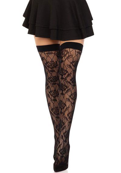 Панчохи Leg Avenue Wild rose net thigh highs, One Size, чорні, широка резинка, малюнок-троянди | Зображення 3