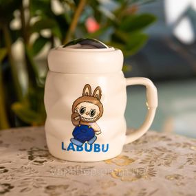 Чашка порцелянова з кришкою Labubu 400 (мл) подарункова кружка прикольна чашка для дітей на подарунок Білий з синім FM-54A
