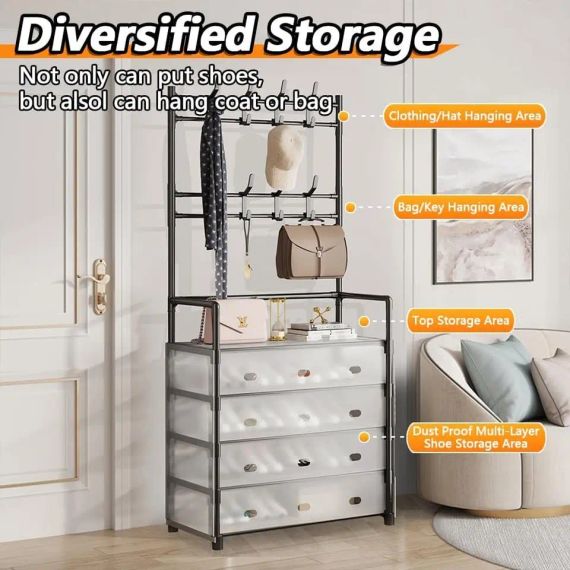 NEW Залізна вішалка для одягу + підставка для взуття, 2 в одному, 4 полиці Бежева | Зображення 9