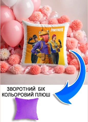 Подушка плюшева Мерч Крафт Дизайн з принтом Fortnite бузковий плюш квадратна 33х33 см