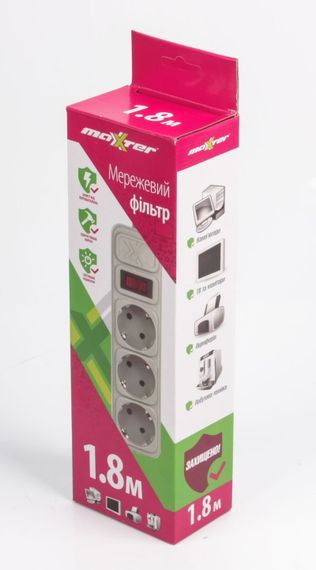 Мережевий фільтр Maxxter SPM3-G-6G, сірий, 1.8 м кабель, 3 розетки | Зображення 1