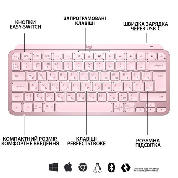 Клавіатура Logitech MX Keys Mini Wireless Illuminated UA Rose (920-010500) | Зображення 5