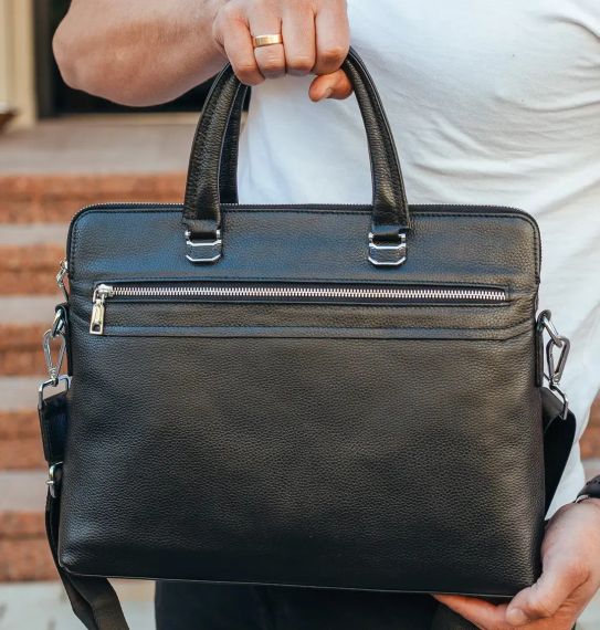 Сумка портфель чоловіча шкіряна для ноутбука ділова чорна через плече | Зображення 4