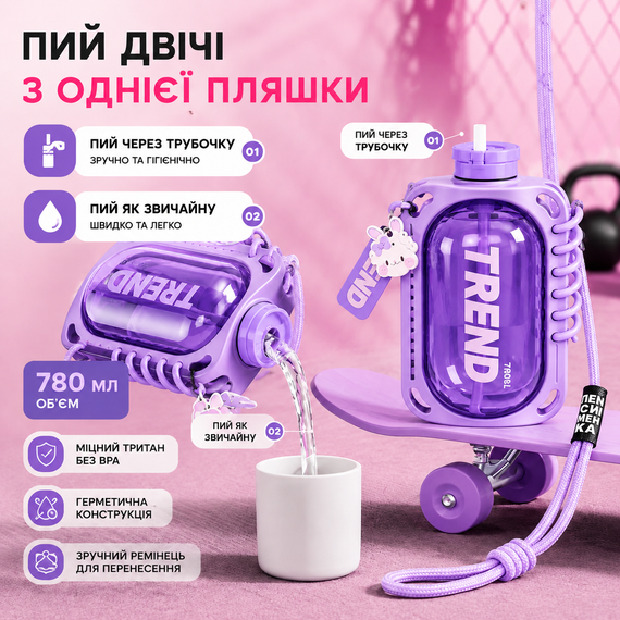Бутылка для воды  TREND 780 мл герметичная фиолетовая с антискользящим покрытием и ремешком | Зображення 8