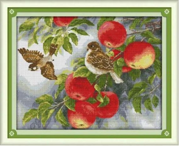 Набор для вышивания по нанесённой на канву схеме "Birds and apples". AIDA 14CT printed 47*37 см