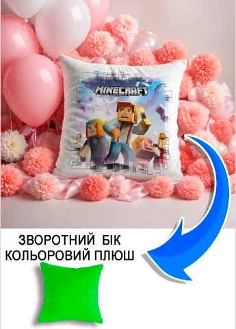 Подушка плюшева Мерч Крафт Дизайн з принтом Майнкрафт Minecraft 5 салатовий плюш квадратна 33х33 см