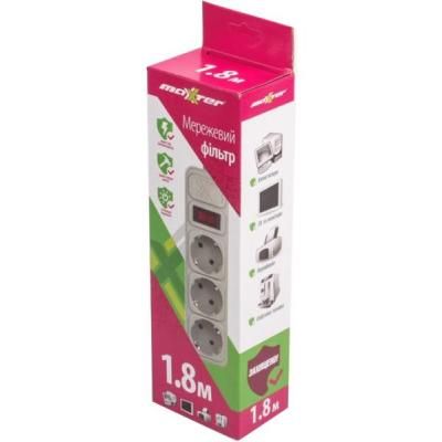 Сетевой фильтр питания Maxxter SPM3-G-6G серый 1.8 м кабель, 3 розетки (SPM3-G-6G) (SPM3-G-6G) | Зображення 1