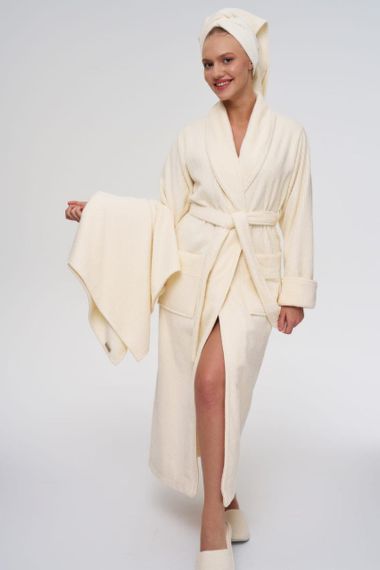 Жіночий халат Nusa 3877 з тапочками і рушниками, кремовий, S | Зображення 6
