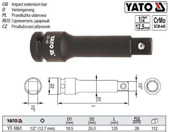 Подовжувач YATO Польща ударний 1/2" 125 мм YT-1061 | Зображення 1