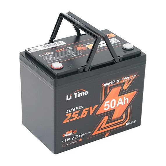 Акумуляторна батарея Li-TIME LiFePO4 25.6V 50Ач 1280Wh Bluetooth 5.0, 6000Cycles, BMS50A, ≤40mΩ, IP65, L206*B168*H211 mm, 9.6 kg