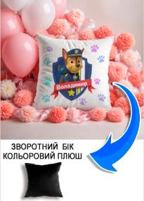 Подушка плюшева Мерч Крафт Дизайн з принтом paw patrol 5 імя Володимир чорний плюш квадратна 33х33 см