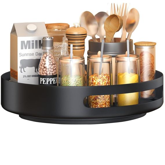 Поворотний органайзер для кухні 25 см, металевий настільний для спецій, холодильника, шафи, підставка, чорний | Зображення 1