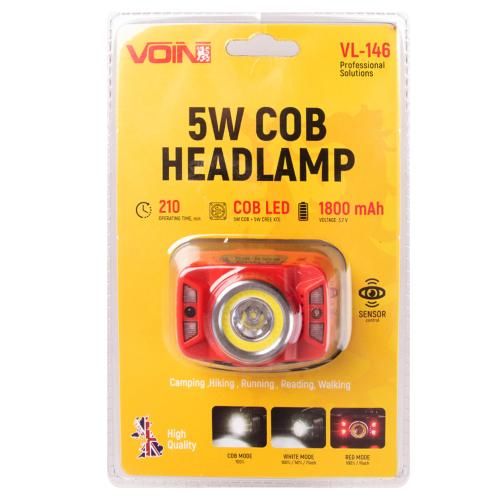Ліхтар налобний VOIN VL-146, 5W-COB+(W/R)+5W XPE/АКБ1800mAh/рег. нахилу/сенсор | Зображення 3