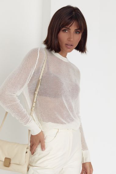 Вязаная ажурная кофта oversize в сеточку молочный цвет M | Зображення 4