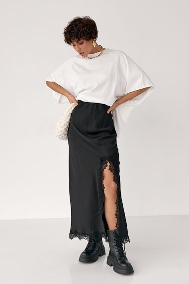 Сатинова довга спідниця з розрізом - чорний цвет, M (є розміри) | Зображення 2