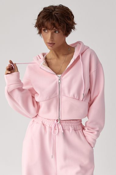 Теплий спортивний костюм з коротким худі та широкими штанами - рожевий цвет, M (є розміри) | Зображення 2