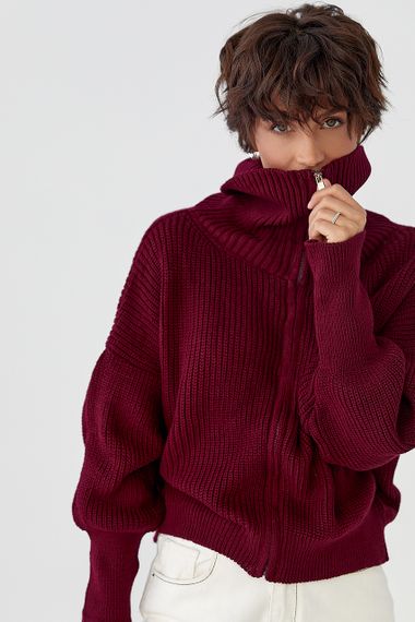 В'язаний жіночий кардиган на блискавці - бордо цвет, ONE SIZE (є розміри) | Зображення 3