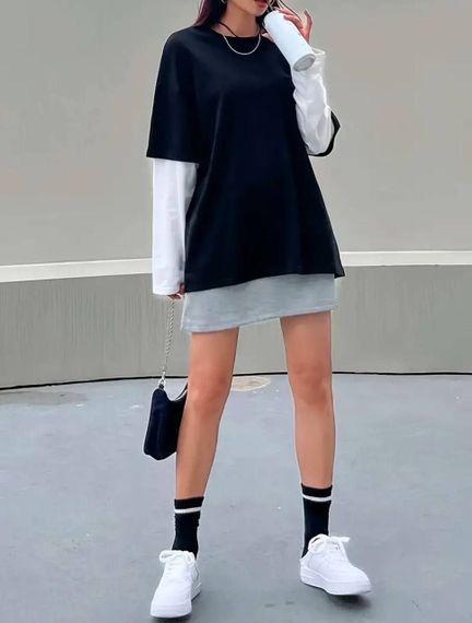 Женский свободный лонгслив оверсайз с эффектом футболки HI2729 цвет черный с белым, размер onesize 42/48 | Зображення 7