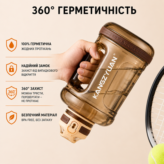 Бутылка для воды KANGZYUAN 2200 мл Tritan BPA Free Оранжевая (с ручкой и ремешком) | Зображення 2