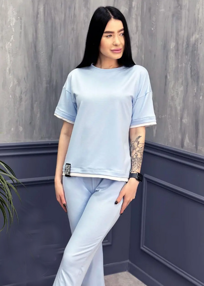 Женский летний спортивный прогулочный костюм футболка + штаны GF07925 размер 50/52, цвет голубой | Зображення 1