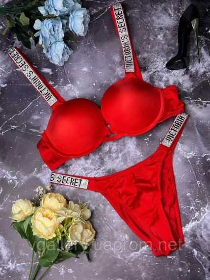 Комплект Вікторія Сикрет зі стразами та Пуш-Ап, подарунковий комплект Victoria`s Secret.Бразиліана, Червоний, 80С | Зображення 2