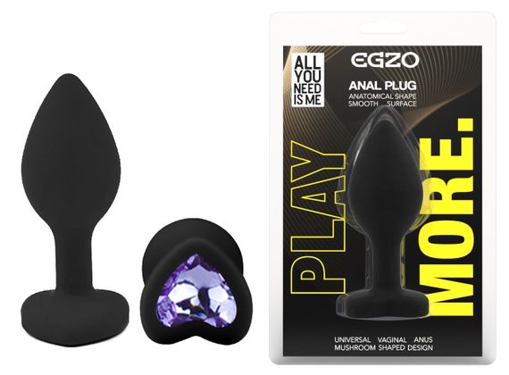 Силіконова анальна пробка EGZO - Silicone Black Heart Plug Amethyst, size S Sex Aura