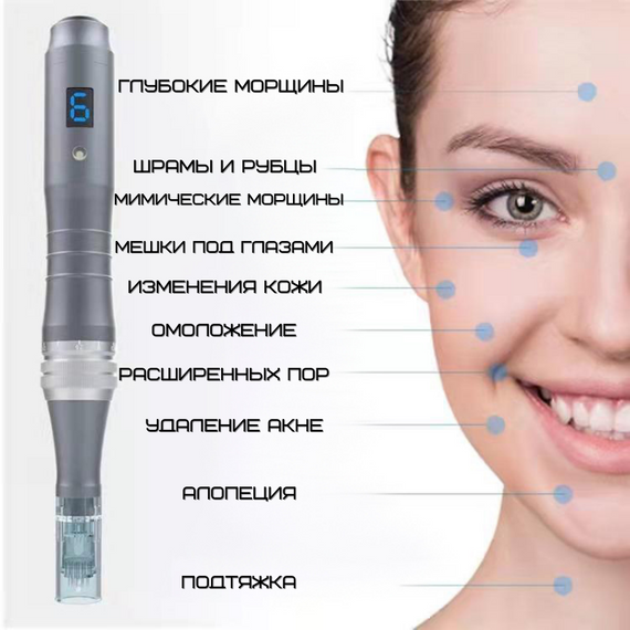 Дермапен Dr. Pen 6 Режимів + 2 Насадки Дермаштамп Для Фракційної Мезотерапії Електричний Мезороллер Для Обличчя M8 Сірий | Зображення 3