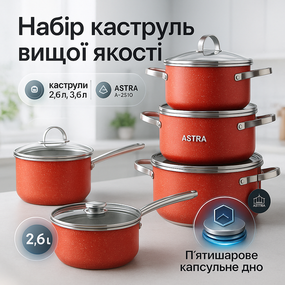 Набір каструль з міцним антипригарним покриттям, Набір каструль якісних з кришками RP-89