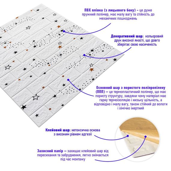 Декоративна 3D панель самоклейка 700х770х5мм Зірки (біла цегла) (021) SW-00000086 | Зображення 1