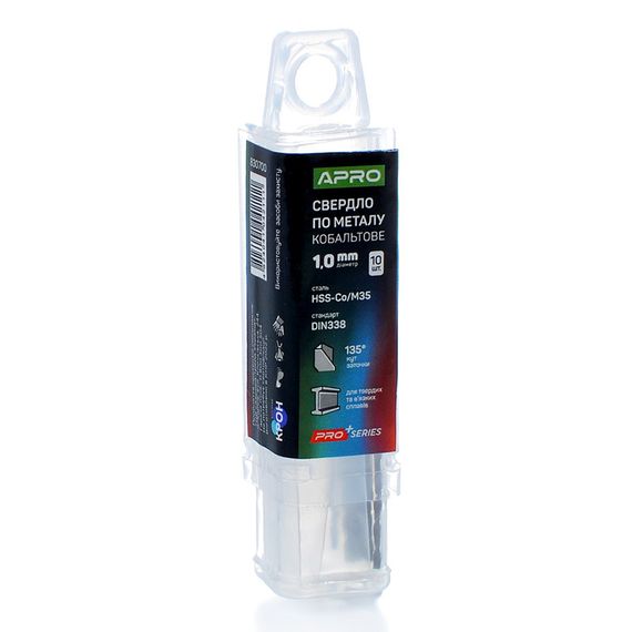 Свердло для металу кобальтове HSS-Co/M35 Ø 1.0 мм (тубус, кратність10 шт.) PRO APRO 8307001 | Зображення 1
