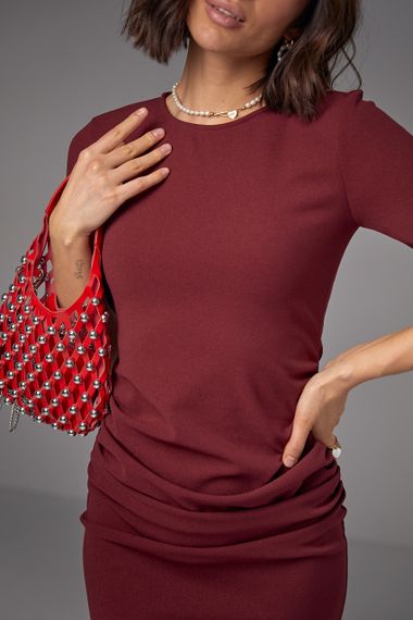 Силуэтное платье миди с драпировкой - бордо цвет, S (есть размеры) | Зображення 3