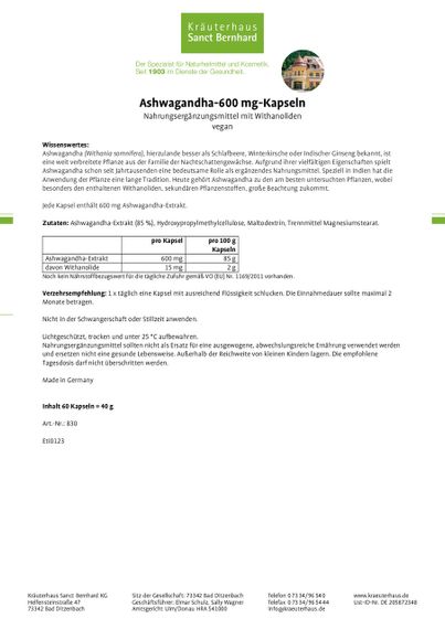 Экстракт Ашваганды (Зимняя вишня), Sanct Bernhard "Ashwagandha", 600 мг., 60 капсул, Германия | Зображення 1