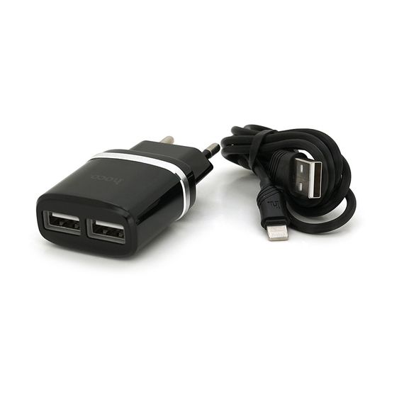 Набір СЗУ 110-240V HOCO C12 + кабель Lighting, 1xUSB, 2.4A, кабель 1м, Black, Blister