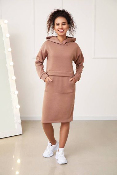 Женское теплое платье-худи в спортивном стиле на флисе GF2556 размер 50/52, цвет капучино | Зображення 3