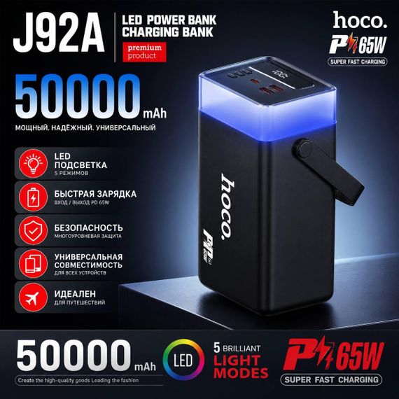 Повербанк HOCO J92A 50000 mAh PD 65W с LED-подсветкой и цифровым дисплеем, быстрая зарядка