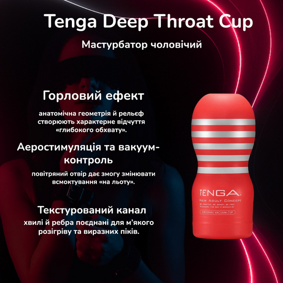 Мастурбатор чоловічий Tenga Deep Throat Cup – класичний формат, горловий ефект, регуляція вакууму