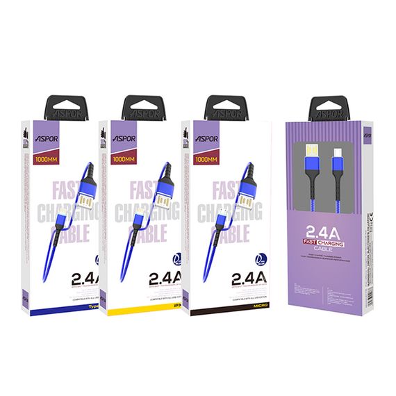 Кабель Aspor A180 Nylon LED USB — Type-C (2.4A/1м) — темно-синій | Зображення 2