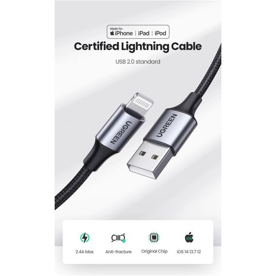 Дата кабель USB 2.0 AM to Lightning 2.0m US199 2.4A Black Ugreen (60158) | Зображення 2