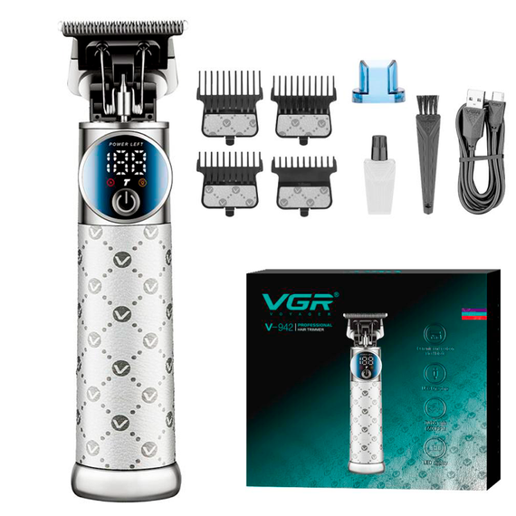 Триммер аккумуляторный VGR V-942 WHITE, 4 насадки, LED дисплей