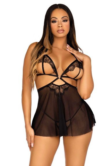 Сорочка Leg Avenue Lace and mesh babydoll & panty Черный M
