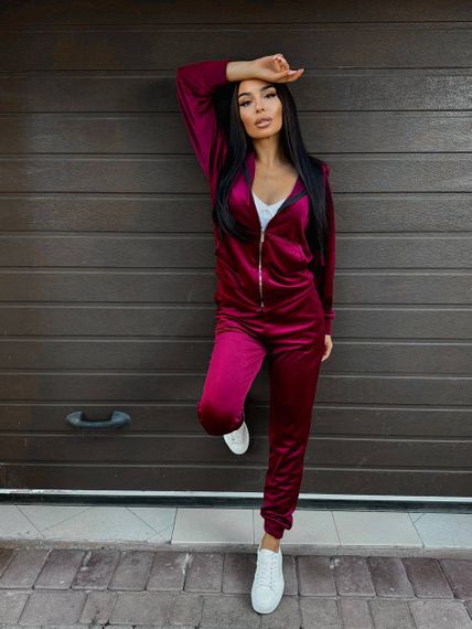 Женский велюровый спортивный костюм с кофтой на молнии размер L цвет марсала Vi114 | Зображення 4