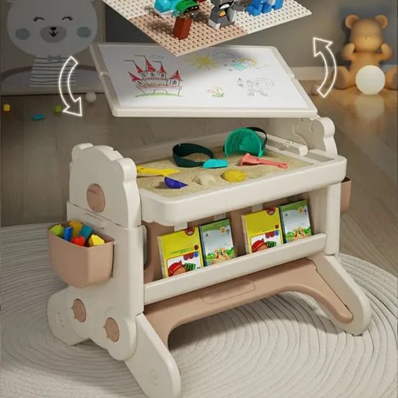 Дитячий стіл-трансформер зі стільцем / Столик для творчості двосторонній з основою для конструктора, мольбертом, пісочницею, | Зображення 4