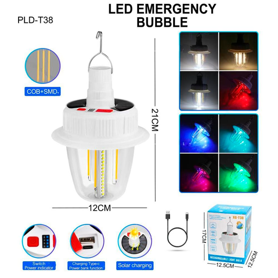 Светодиодная LED лампа на солнечной батарее T38, COB+SMD(RGB), 2АКБx18650, крюк, ЗУ Type-C | Зображення 3