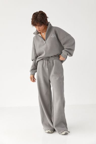 Утеплений спортивний костюм із штанами палаццо та світшотом - сірий цвет, L/XL (є розміри) | Зображення 4