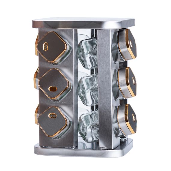 Набір ємностей для спецій 12 баночок по 100 мл на металевій підставці, хром із золотом