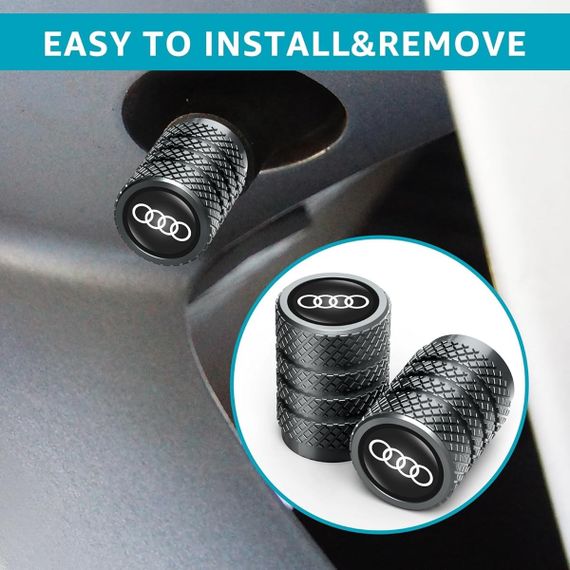 Набір ковпачків на ніпель із логотипом для Audi 4 шт., ковпачки на клапани шин металеві чорні | Зображення 1