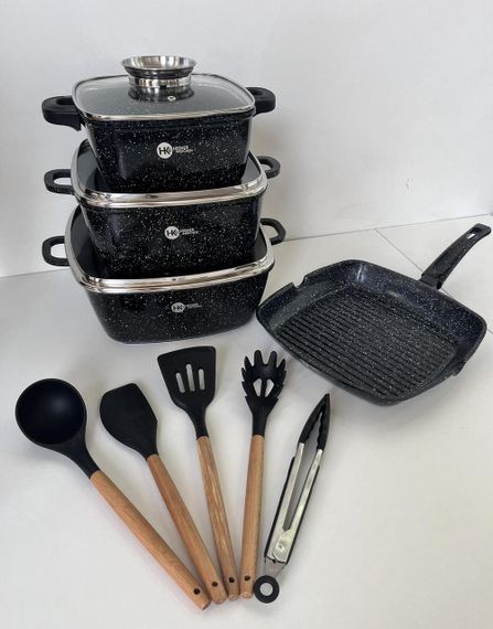 Набір каструль сотейник квадратна сковорода Higer Kitchen НК-317 з лопатками 14 предметів Чорний | Зображення 2