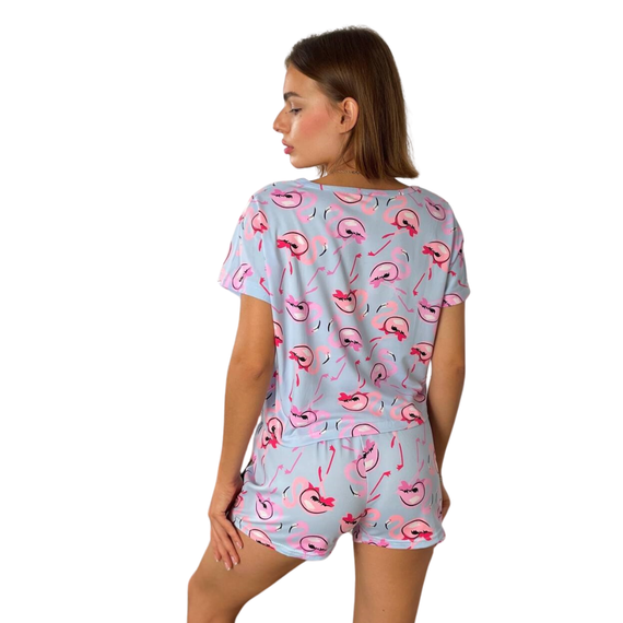 Жіноча піжама топ і шорти блакитна з фламінго S, M, L, XL | Зображення 1